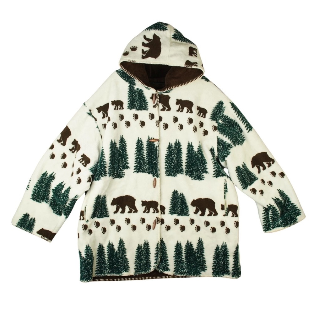 Denali Hooded Reversible Fleece Jacket Womens 2XL Bear Tree Print Brown Toggle